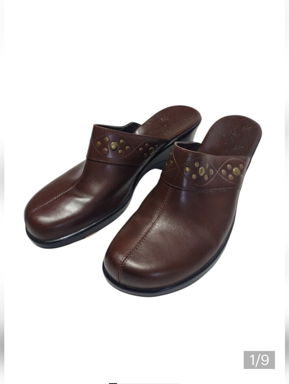 Clarks Mules Clogs Brown Leather Wedge Heels Slip On Women's Size 9 M